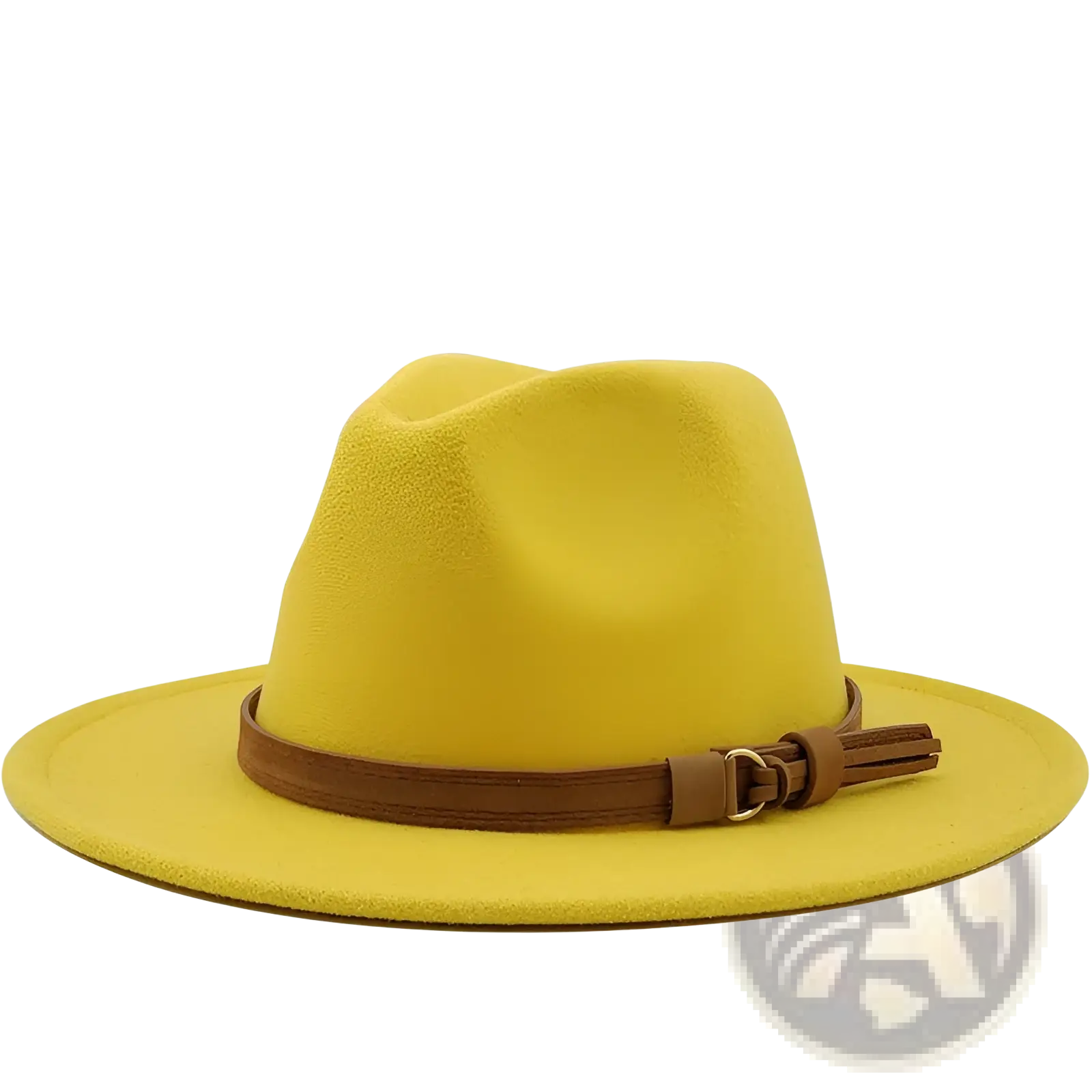 A vibrant yellow wool fedora hat with a brown leather belt and buckle, perfect for stylish headwear