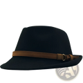 Black wool fedora hat with a brown leather strap and buckle highlighting its classic design and material quality