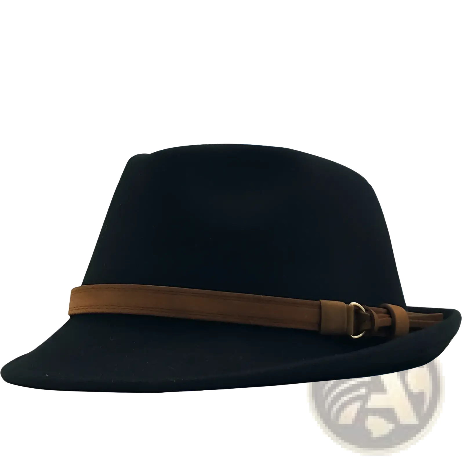 Black wool fedora hat with a brown leather strap and buckle highlighting its classic design and material quality