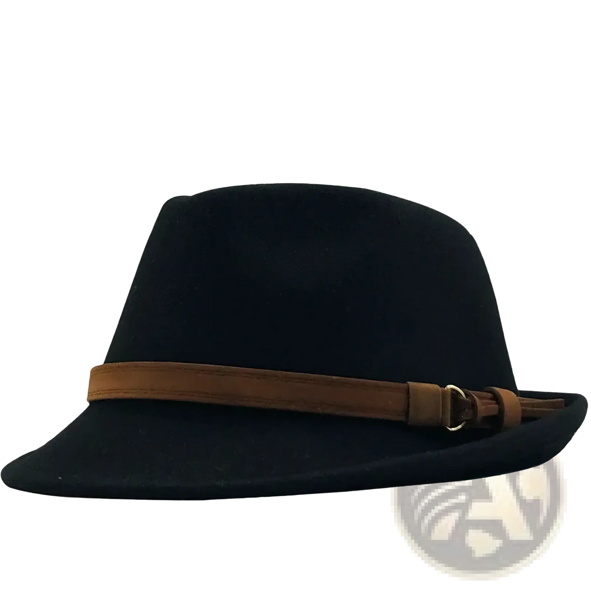 Wool fedora hat for men and women in black felt with a tan leather band and buckle retro jazz style