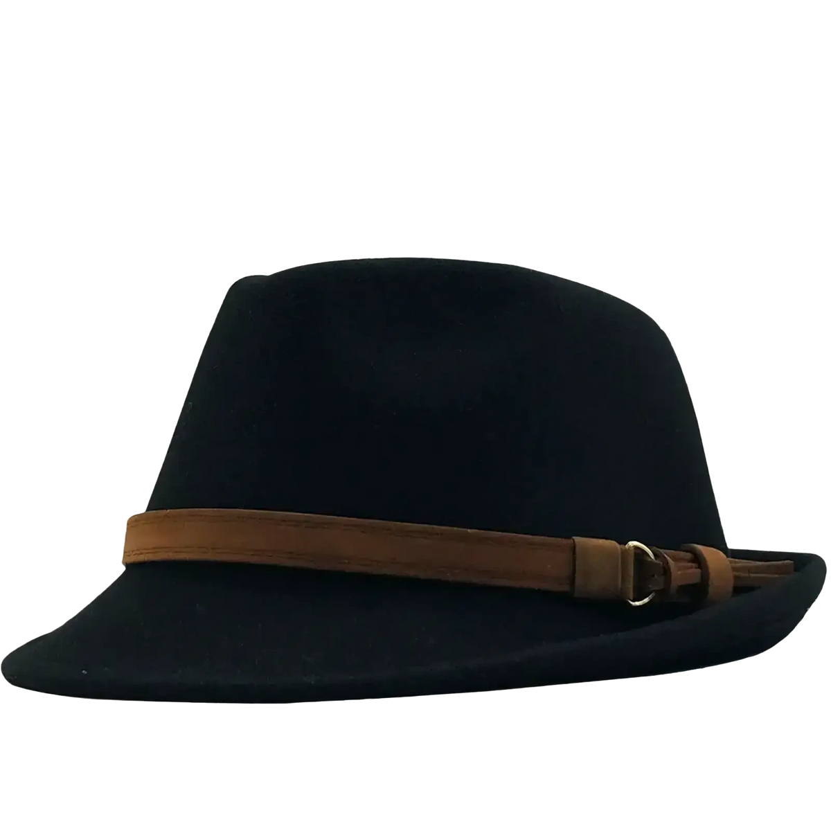 Black wool fedora hat for men and women featuring a tan leather band and buckle in retro jazz style
