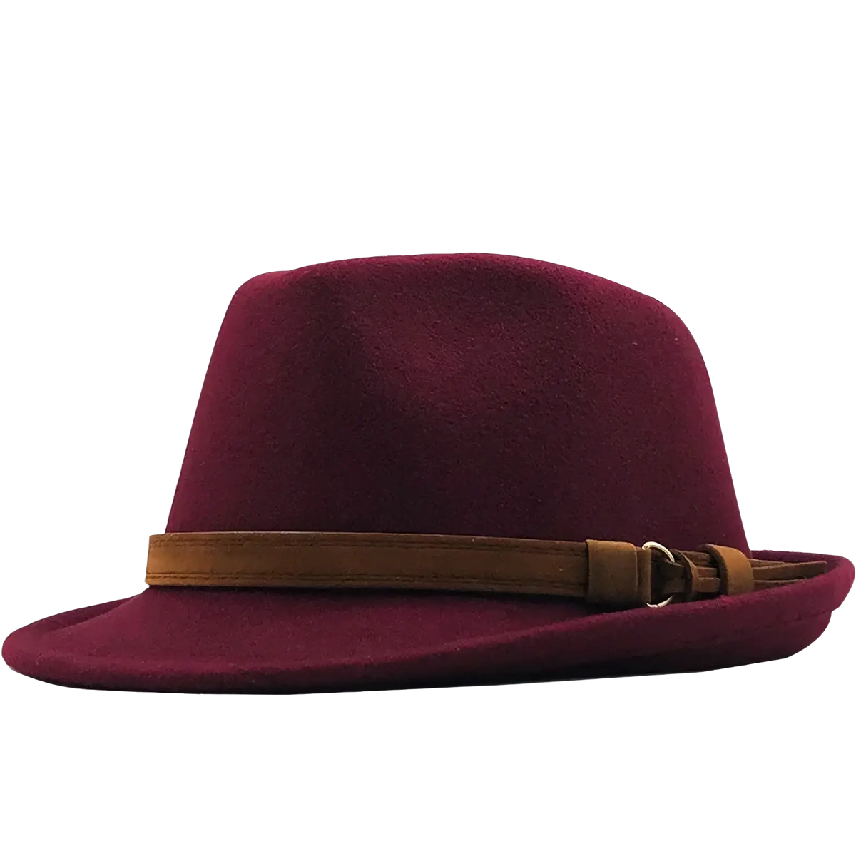 A burgundy wool fedora hat for men and women featuring a tan leather band and buckle in retro jazz style