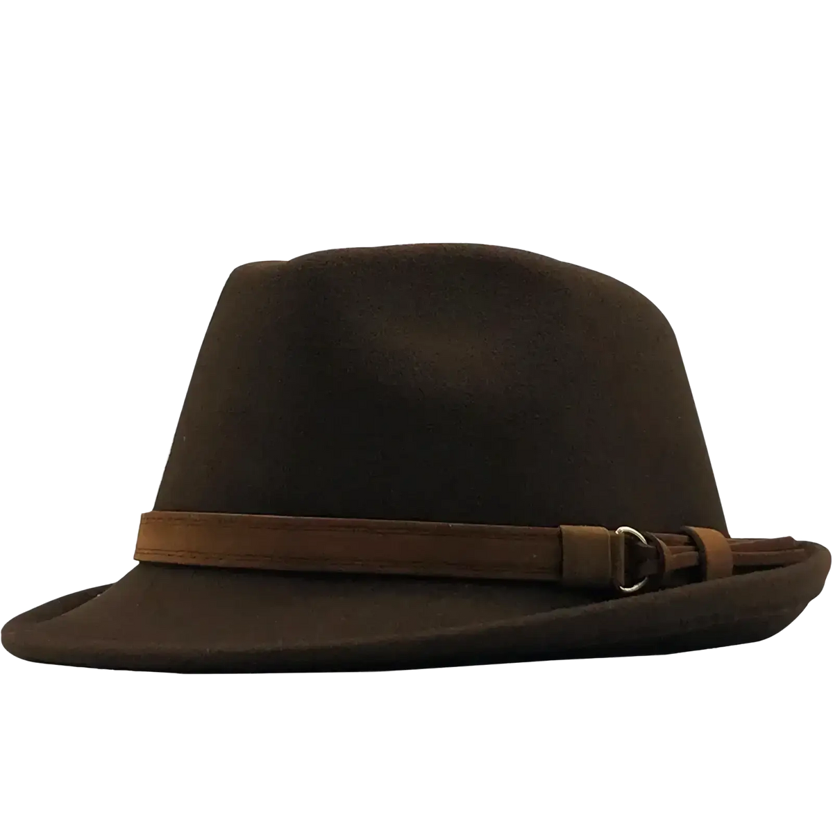 Dark brown wool fedora hat with tan leather band and buckle retro jazz cap for men and women