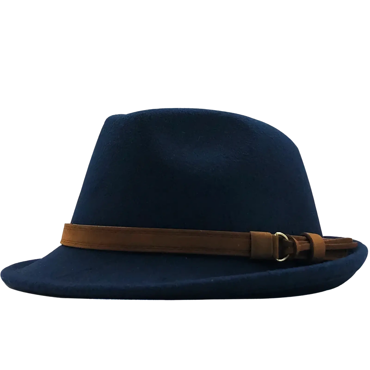 Navy blue wool fedora hat for men and women featuring a tan leather strap and buckle retro jazz style