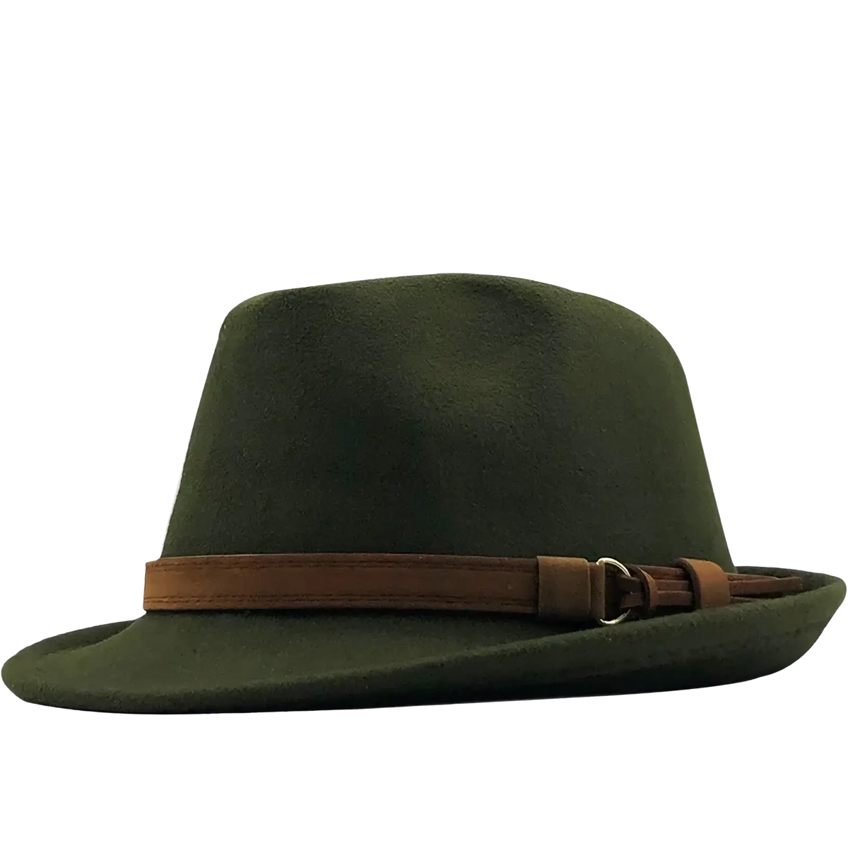 Olive green wool fedora hat with brown leather strap and buckle for men and women retro jazz style