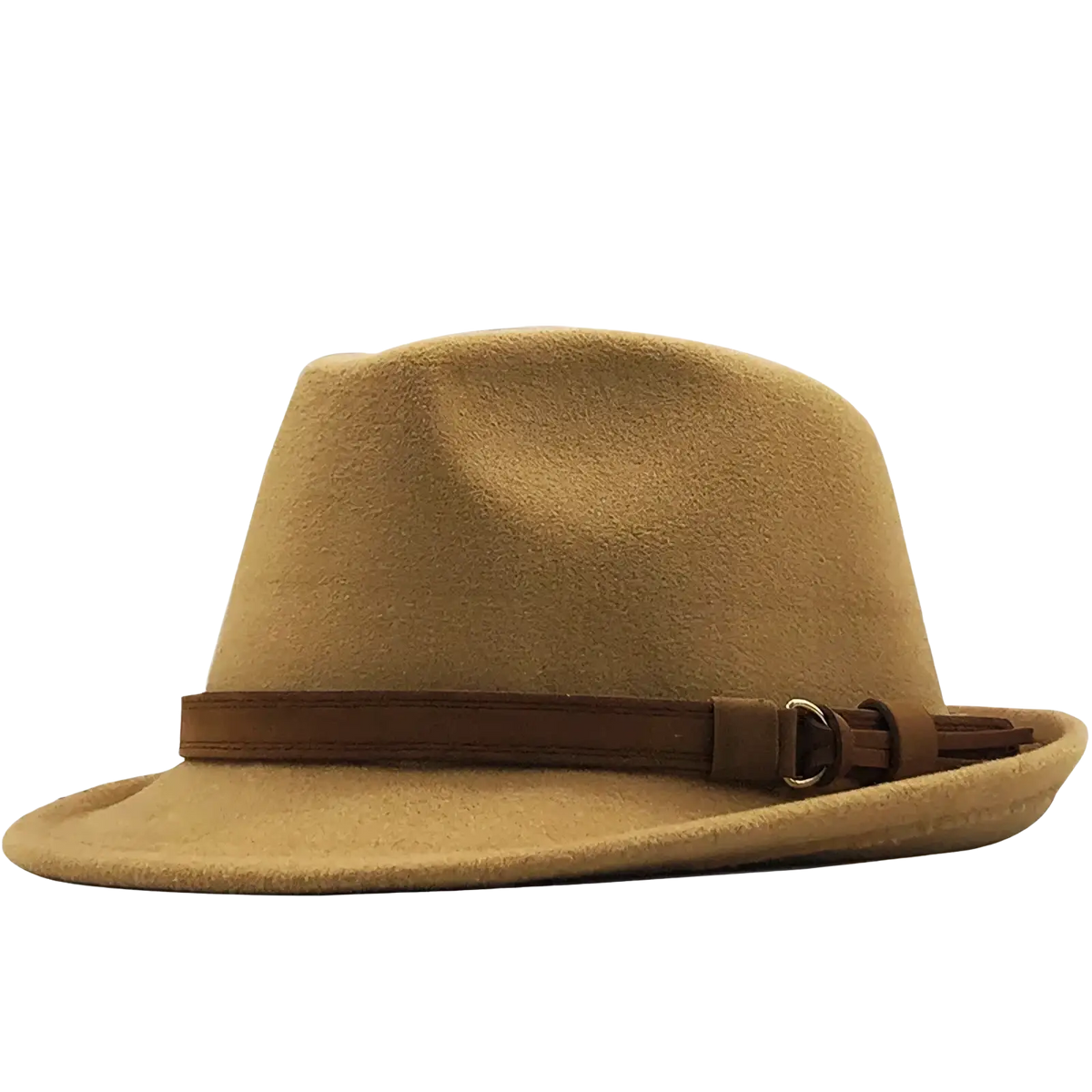 Tan wool fedora hat for men and women featuring a brown leather band and buckle in retro jazz style