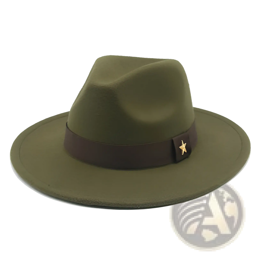 Wool felt fedora hat in olive green with a dark brown leather band and gold star accent on the front