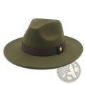 Wool felt fedora hat in olive green with a dark brown leather band and gold star accent on the front