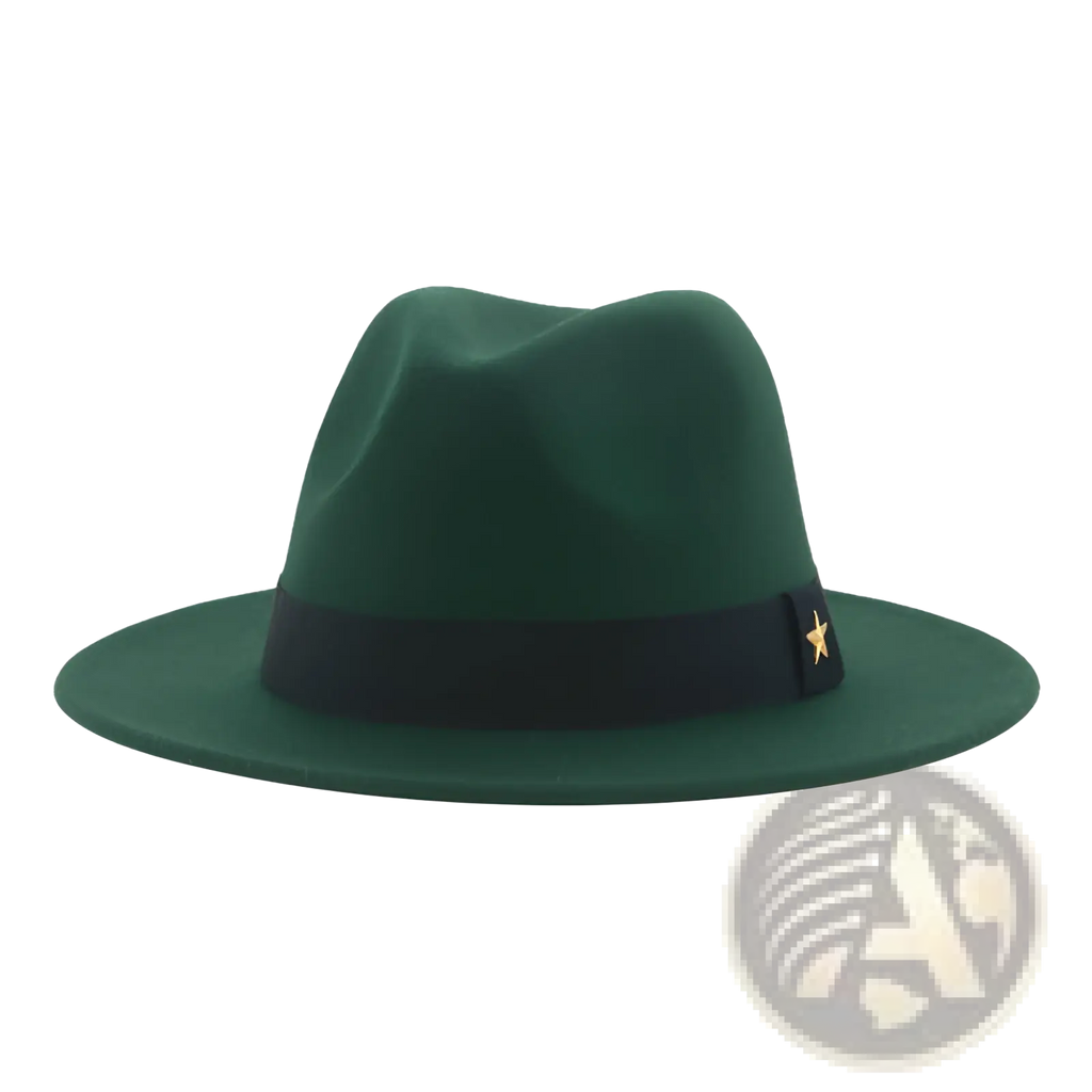 Deep green wool felt fedora hat with black ribbon band and gold star accent for stylish headwear