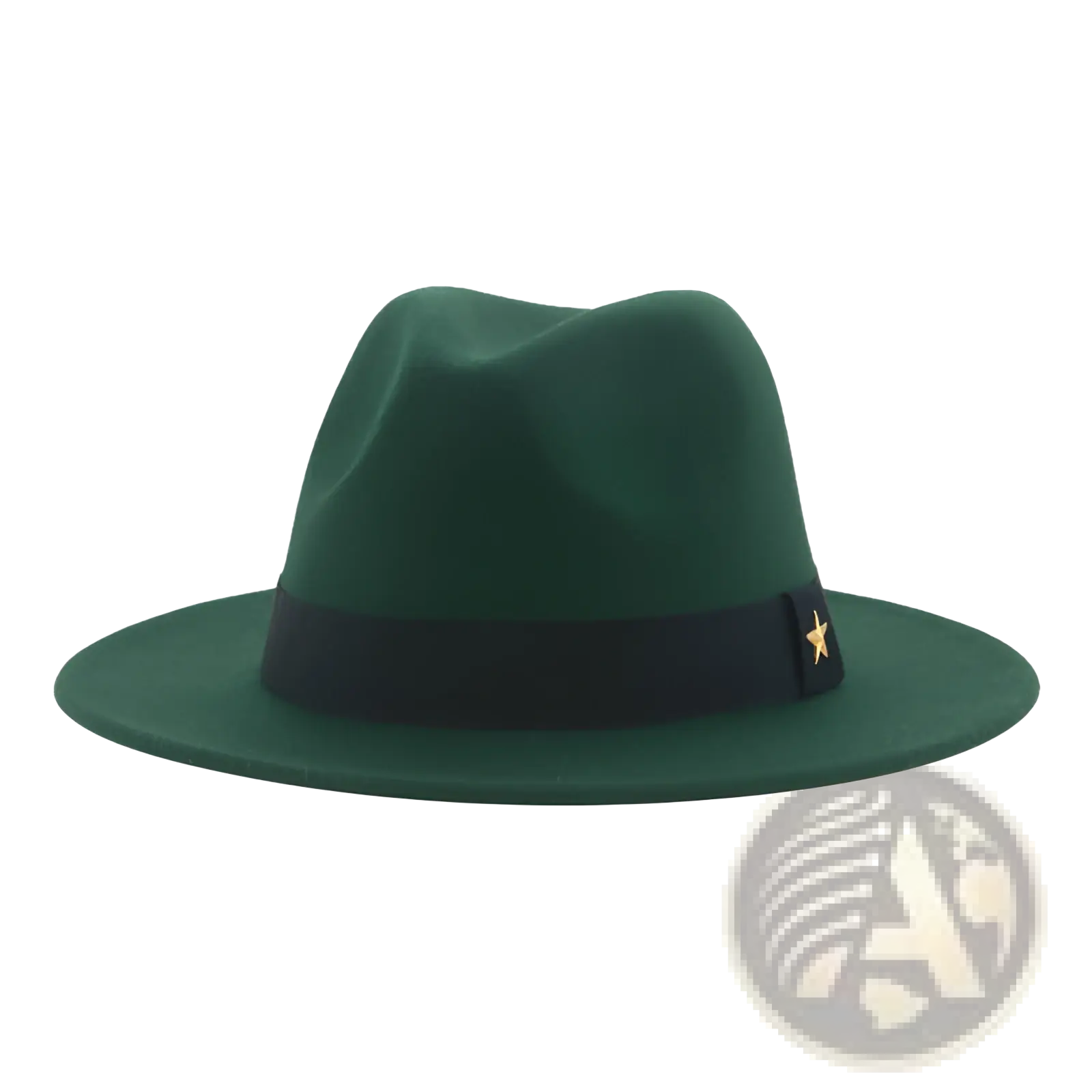 Deep green wool felt fedora hat with black ribbon band and gold star accent for stylish headwear