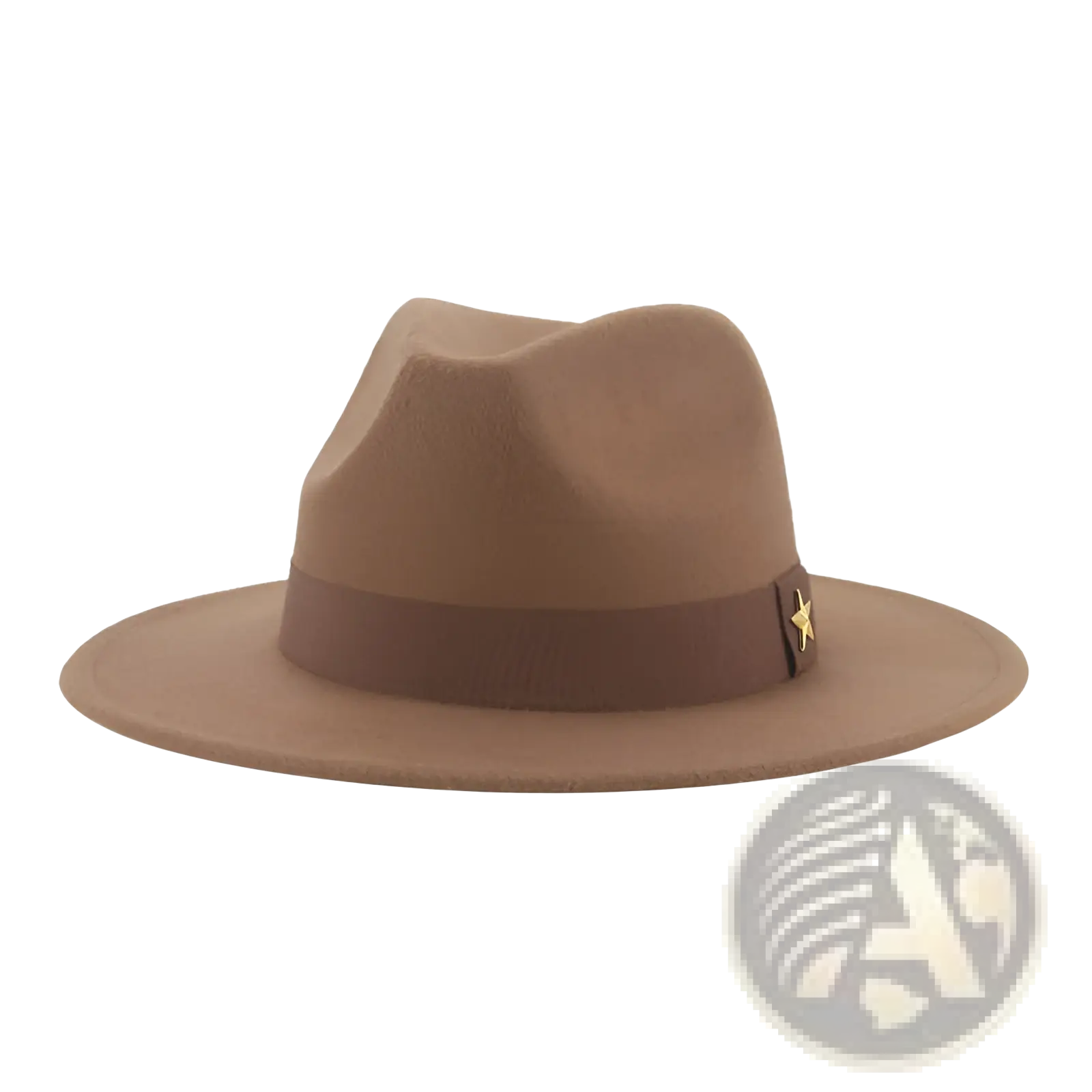 A tan wool felt fedora hat with a brown band and small gold star accent for stylish headwear