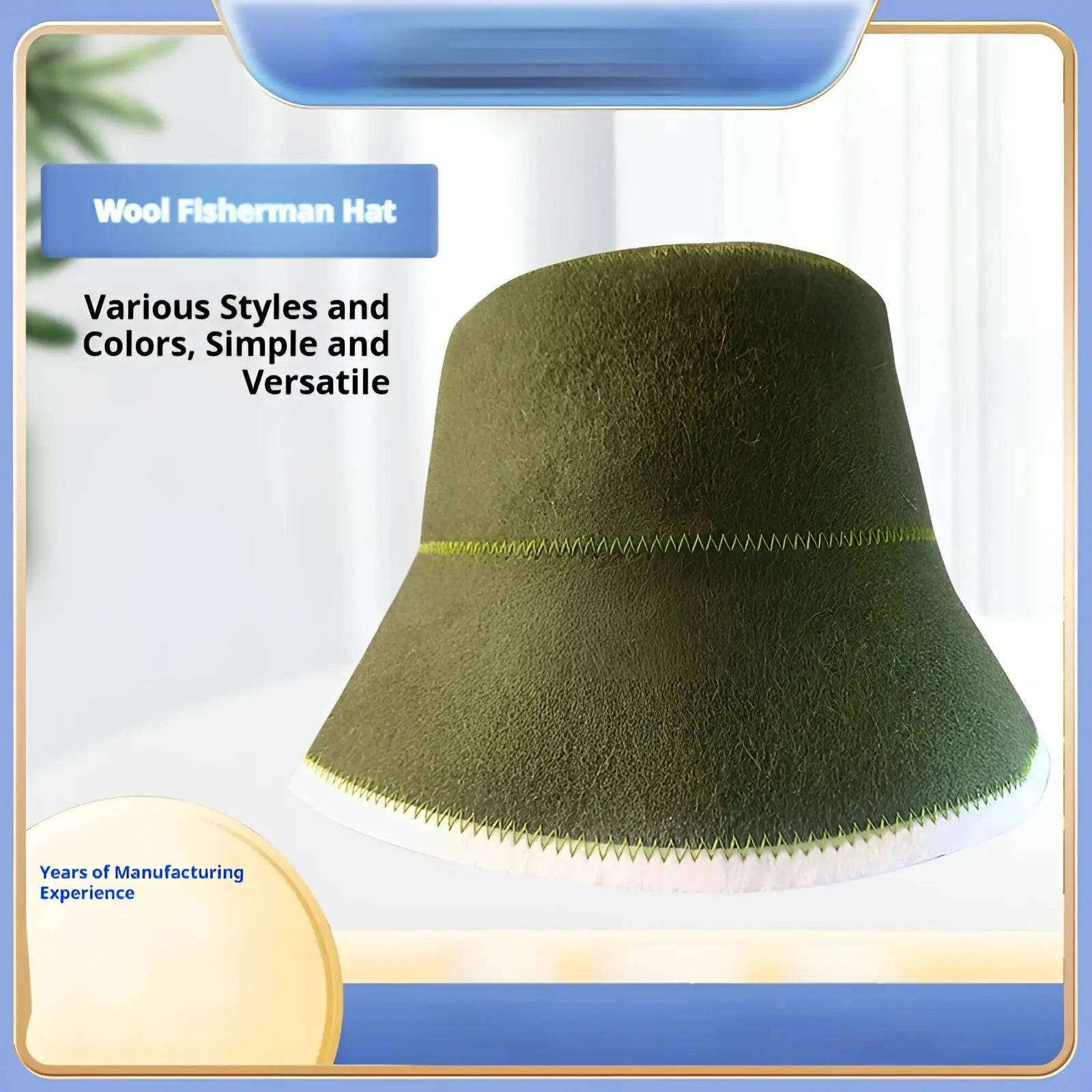 Olive green wool felt fisherman hat with foldable winter bucket design and subtle yellow-green zigzag stitch detail