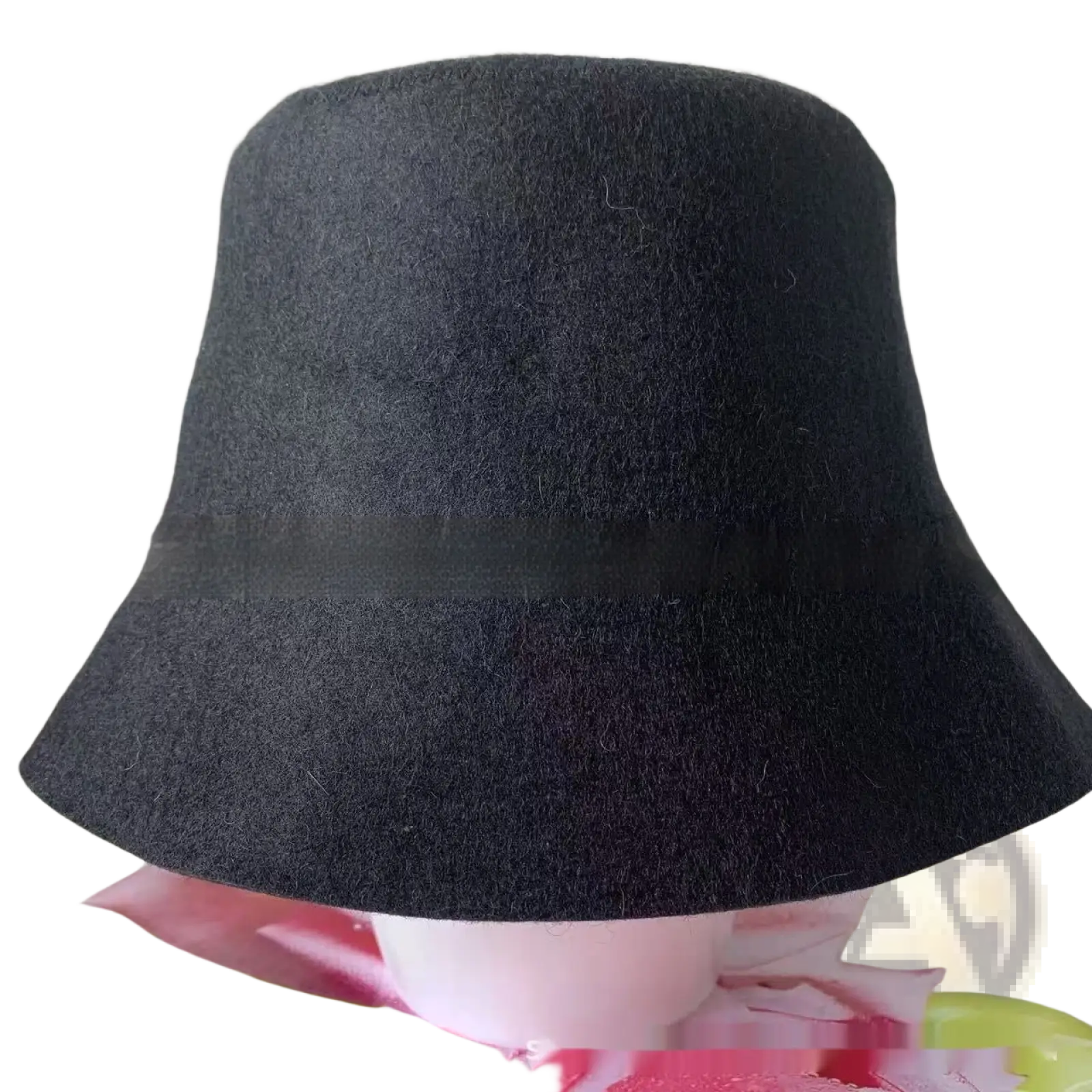 A sleek black wool felt sauna cap bucket hat with a soft textured surface and a wide brim
