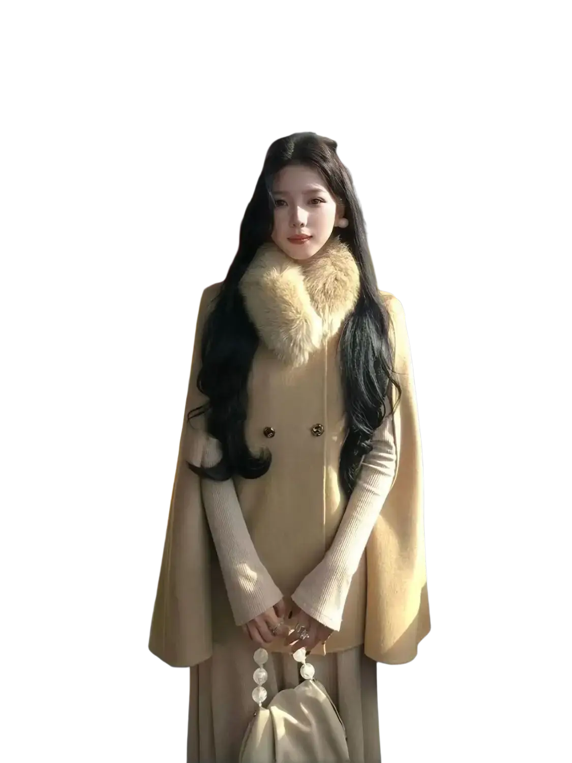 Beige wool cape coat with a plush tan fur collar and gold toned buttons for elegant outerwear use