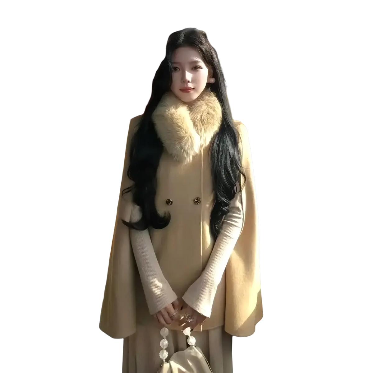 Beige wool fur collar cape coat with plush fur collar and gold toned buttons for elegant outerwear