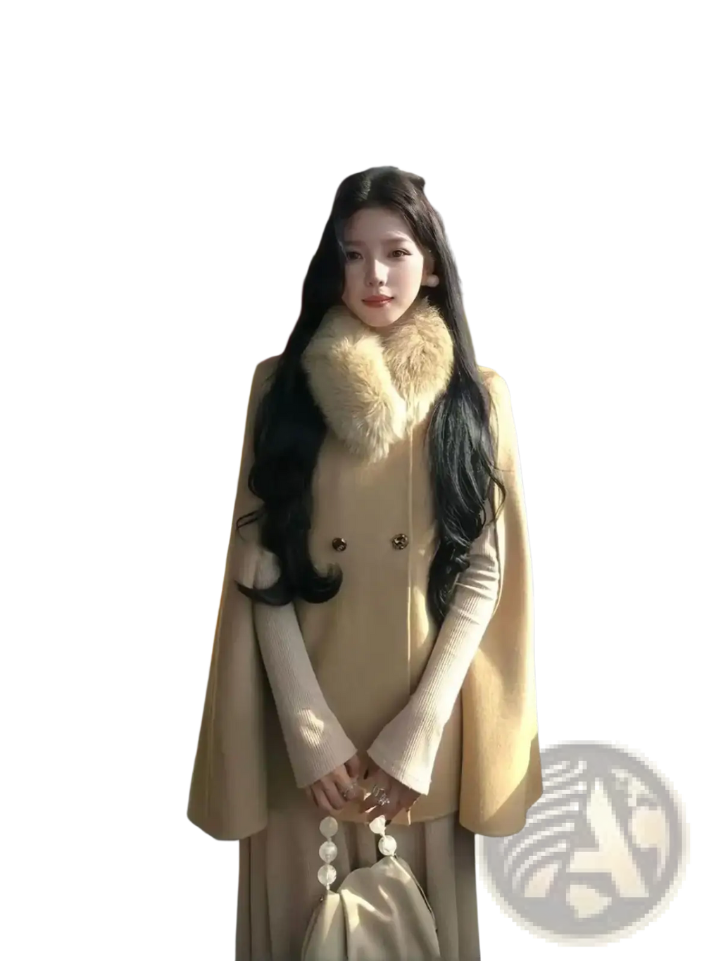 Beige wool cape coat with a plush tan fur collar and gold toned buttons for elegant outerwear use