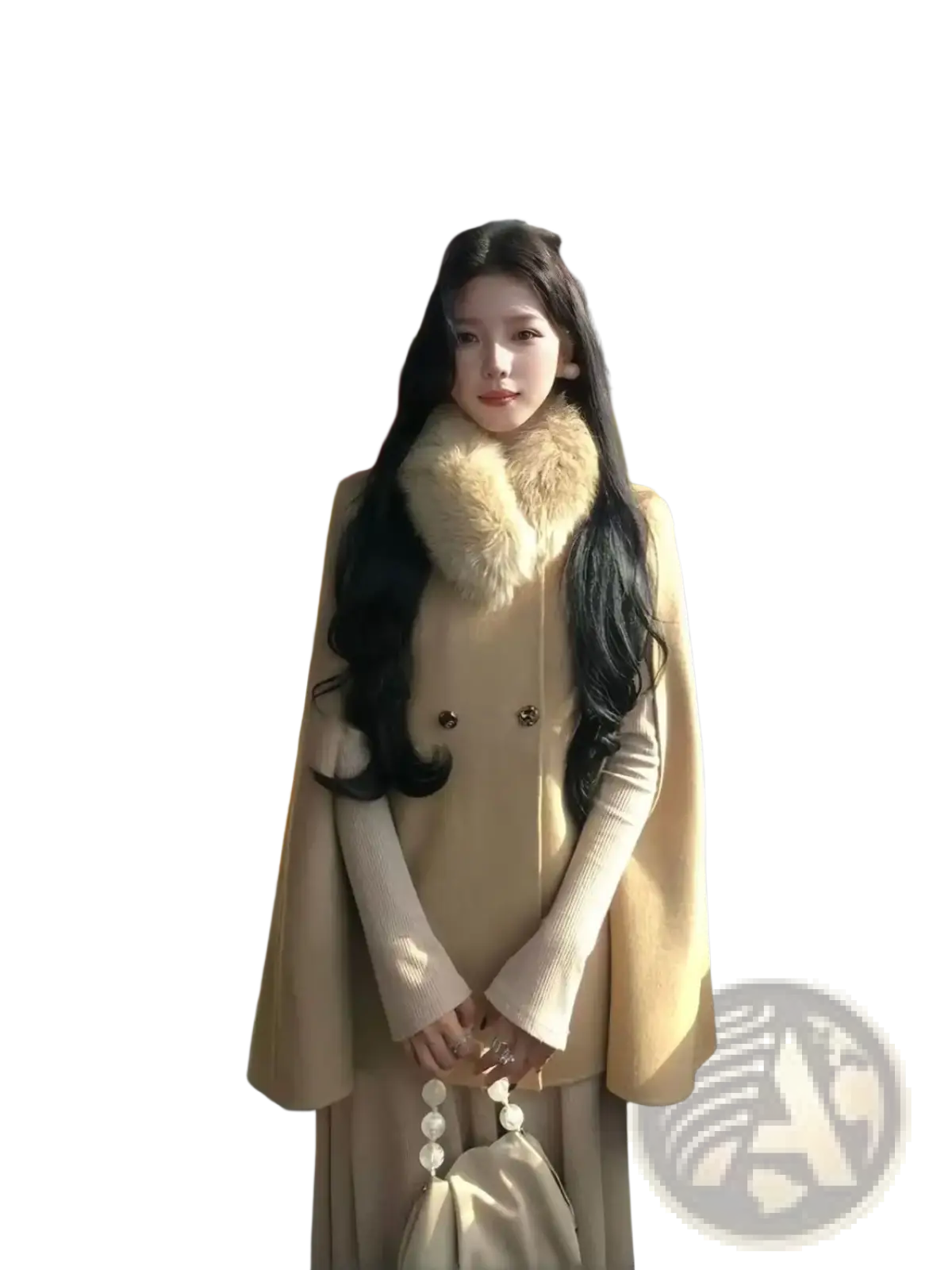 Beige wool cape coat with a plush tan fur collar and gold toned buttons for elegant outerwear use