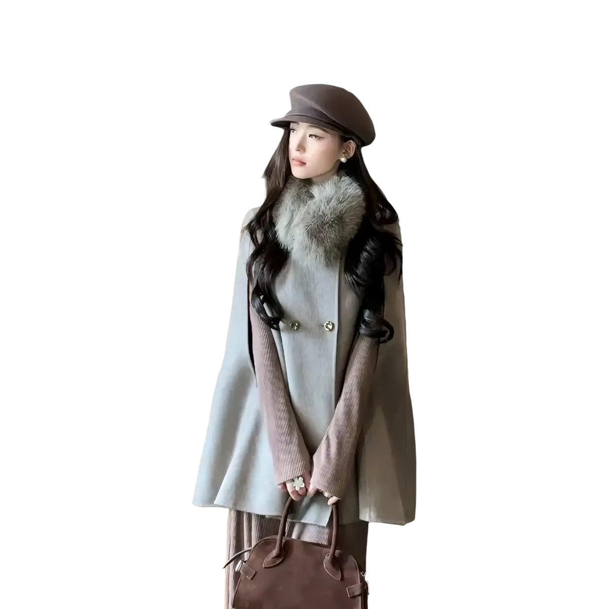 Brown leather handbag with top handles and structured design complementing wool fur collar cape coat