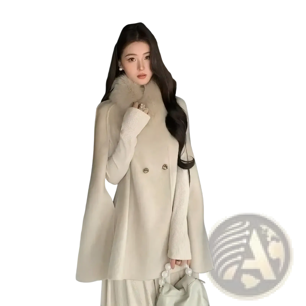 Cream-colored wool cape coat with plush fur collar and double-breasted front for elegant outerwear