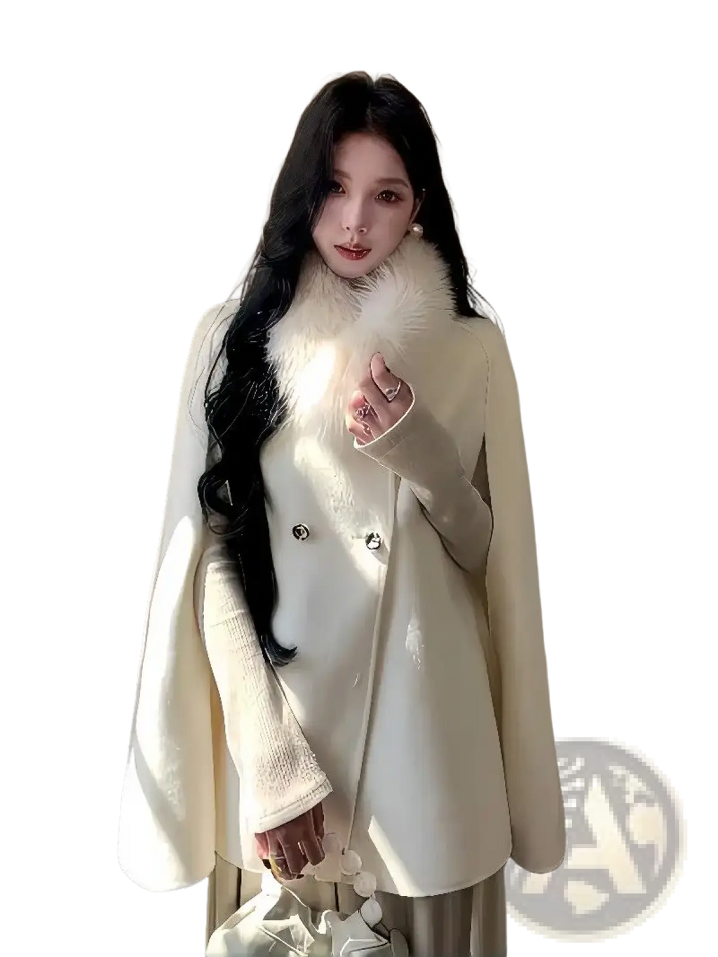 Cream-colored wool cape coat with a plush white fur collar and silver-toned buttons for stylish warmth