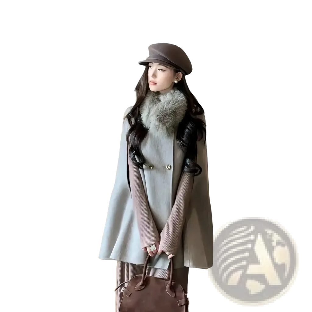 Brown leather handbag with top handles and structured design complementing wool fur collar cape coat