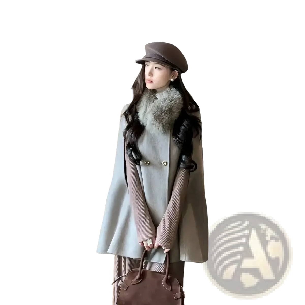 Brown leather handbag with top handles and structured design complementing wool fur collar cape coat