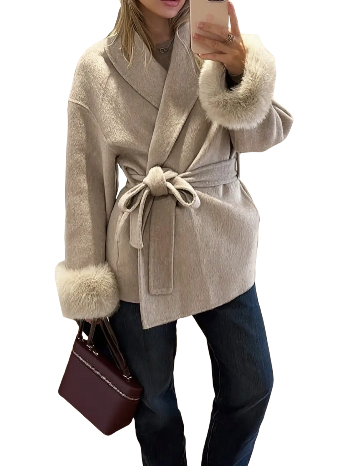 Beige wool coat with fluffy fur trim on cuffs and collar, belted at the waist for a stylish fit
