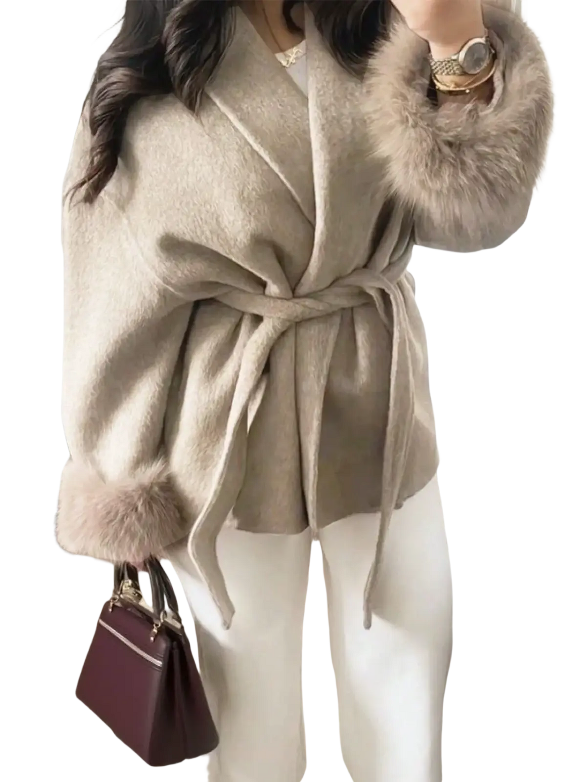 Beige wool coat with fur-trimmed cuffs and matching belt designed for stylish warmth and comfort