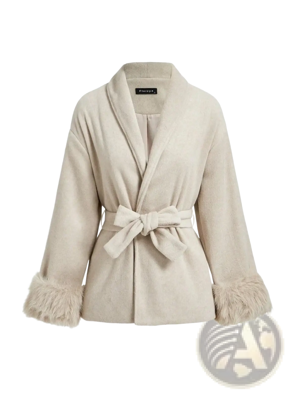 Beige wool-blend coat with faux fur trim cuffs and matching self-tie belt for stylish warmth and comfort