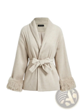 Beige wool-blend coat with faux fur trim cuffs and matching self-tie belt for stylish warmth and comfort