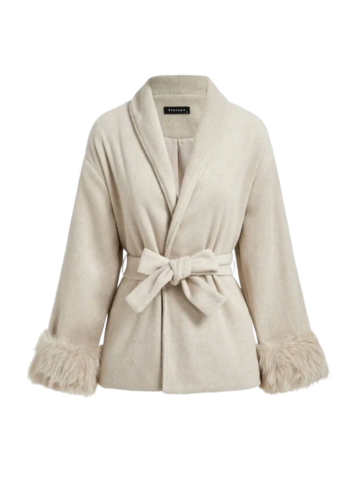 Beige wool-blend coat with faux fur trim cuffs and matching self-tie belt for stylish warmth and comfort