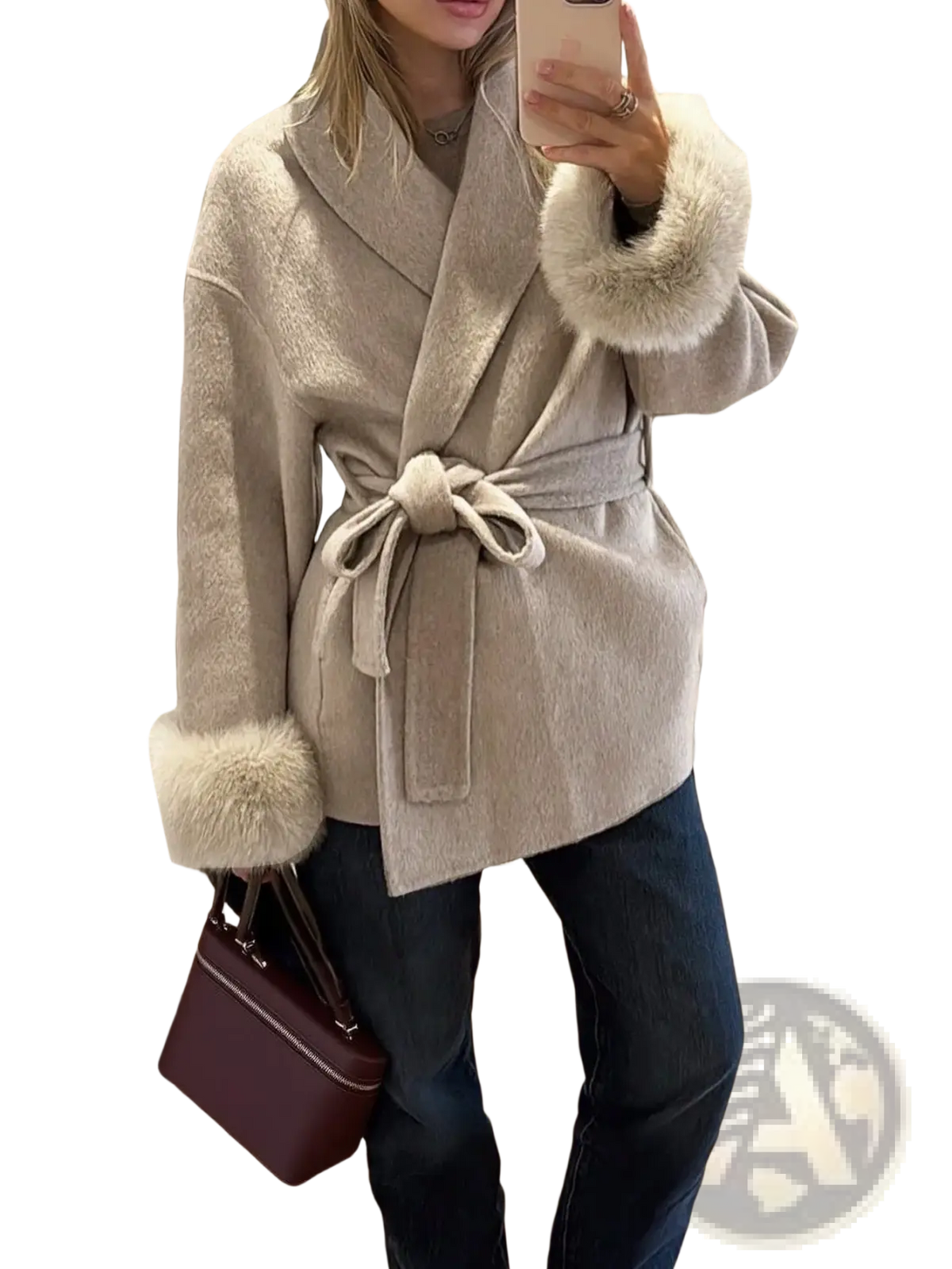 Beige wool coat with fluffy fur trim on cuffs and collar, belted at the waist for a stylish fit