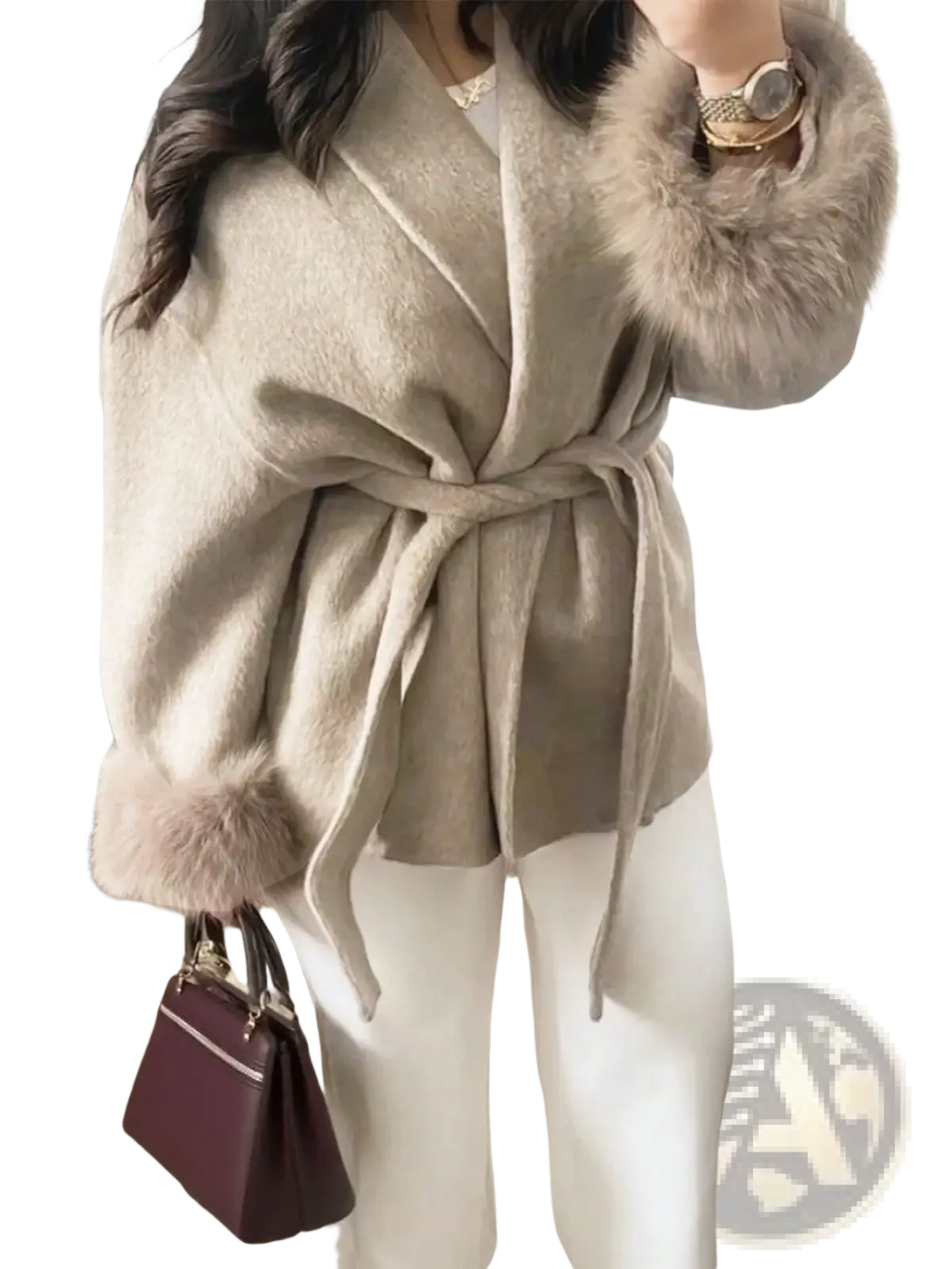 Beige wool coat with fur-trimmed cuffs and matching belt designed for stylish warmth and comfort