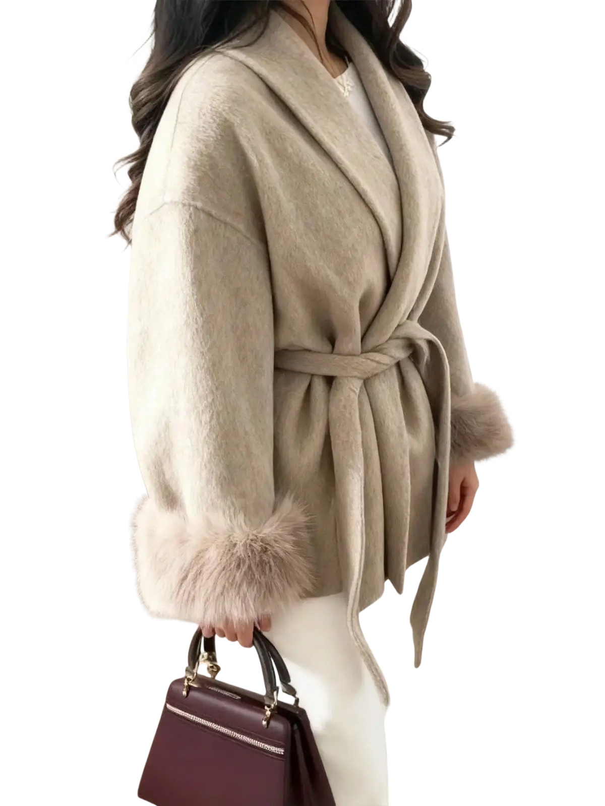 Beige wool fur cuff belted coat featuring wool material with fur-trimmed cuffs and a matching belt detail