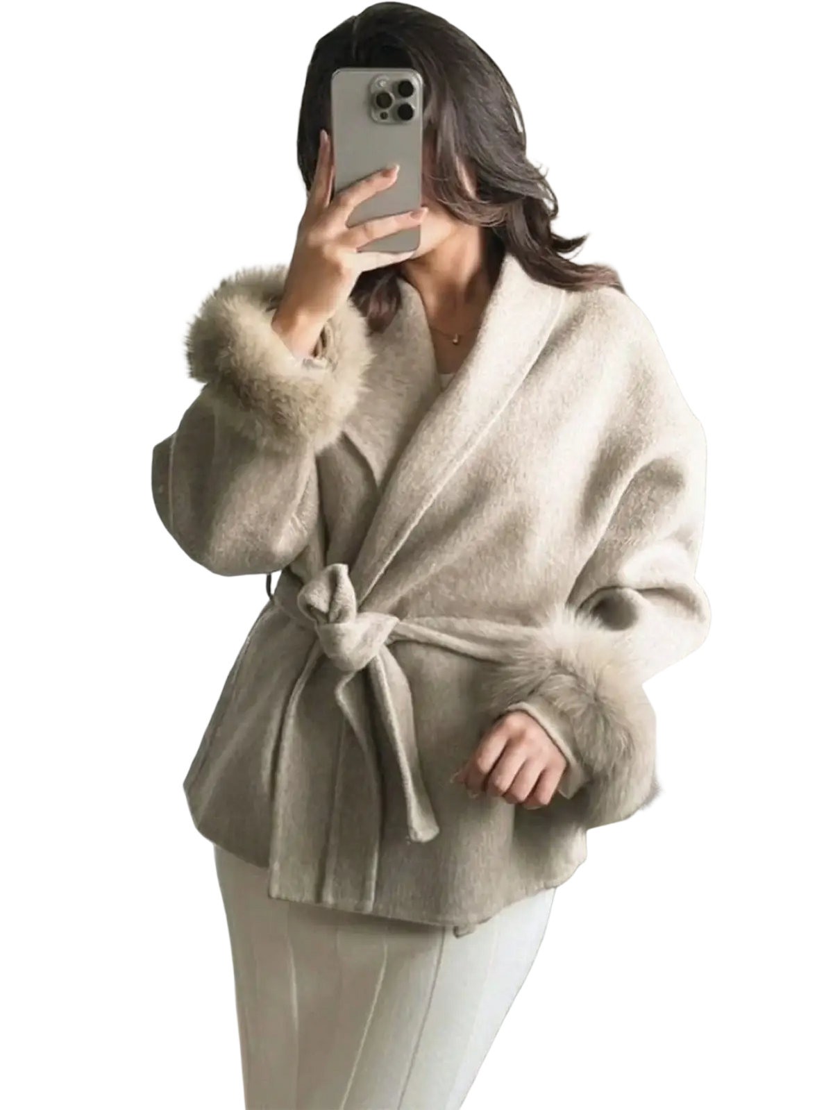 Beige wool fur cuff belted coat with fluffy fur trim on cuffs and collar tied at the waist in wool material