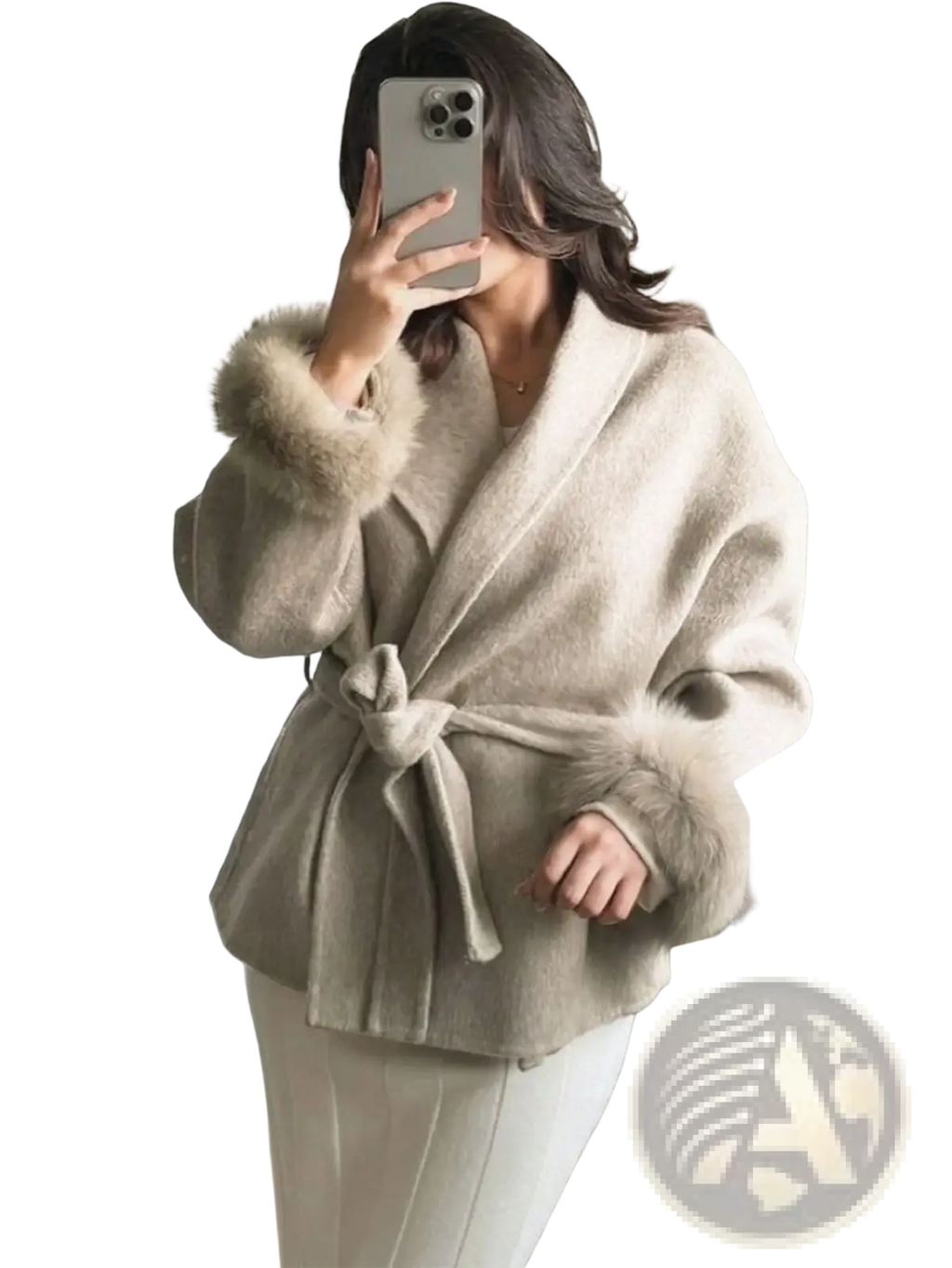 Beige wool fur cuff belted coat with fluffy fur trim on cuffs and collar tied at the waist in wool material