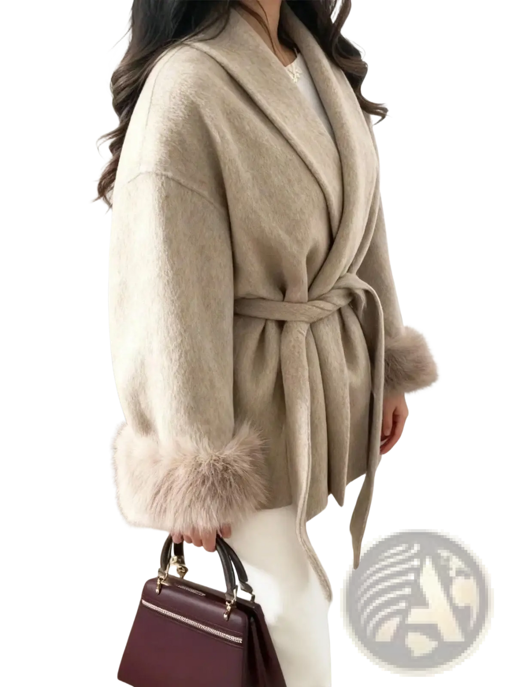 Beige wool fur cuff belted coat featuring wool material with fur-trimmed cuffs and a matching belt detail