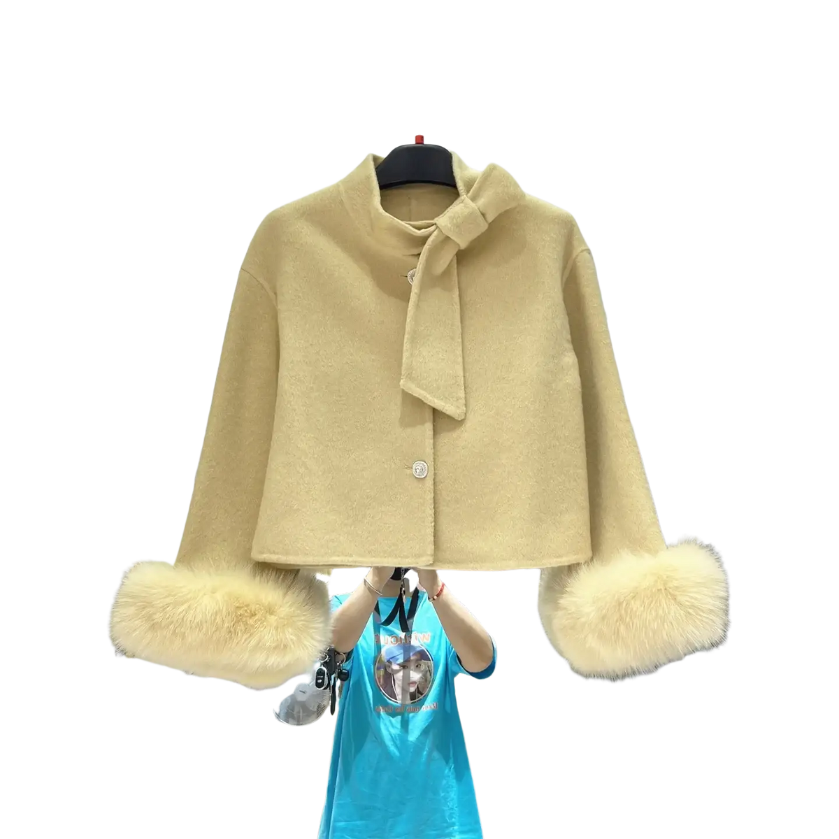 Beige wool fur cuff bow cropped coat featuring fluffy fur cuffs and a matching bow at the collar