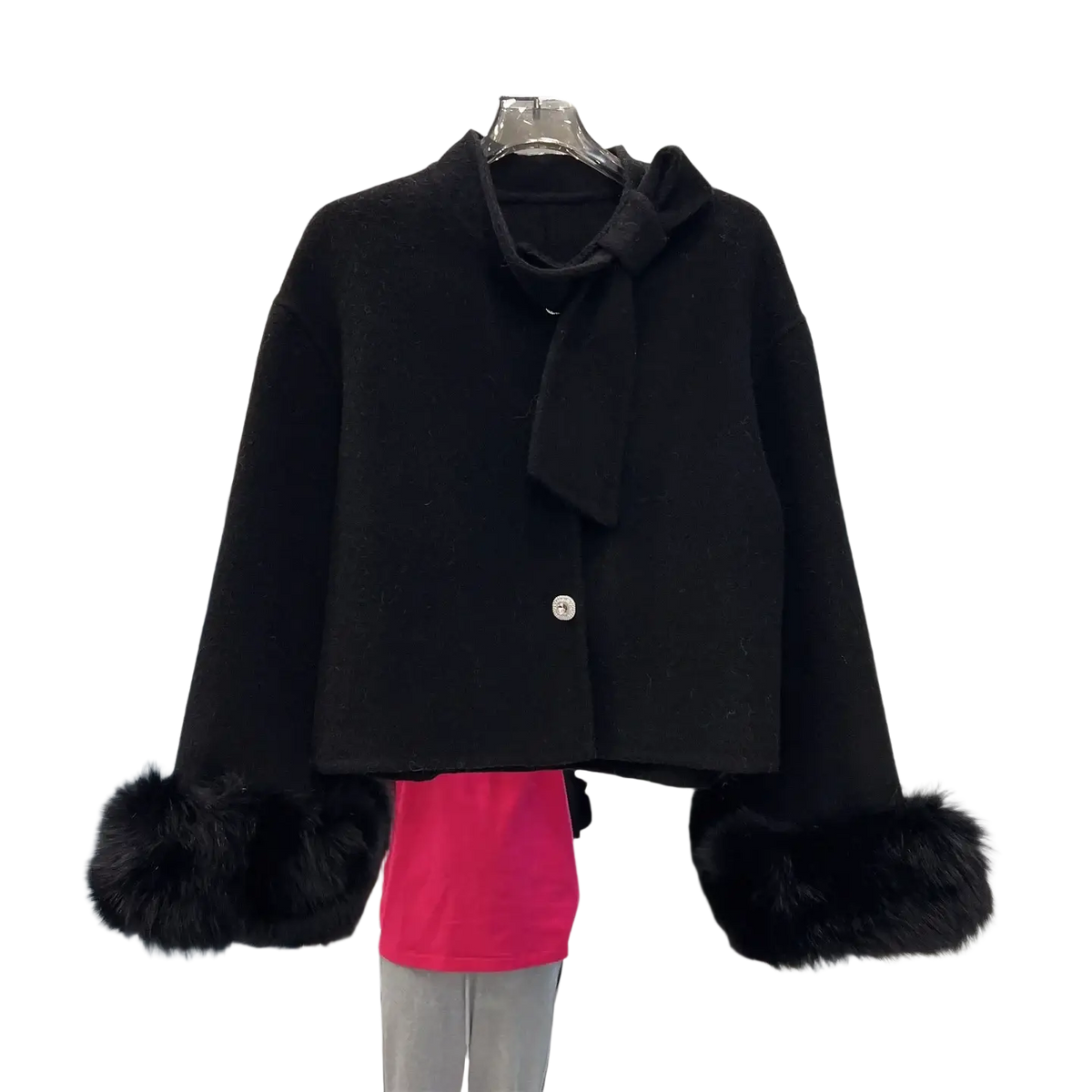 Black wool cropped coat with fluffy fur cuffs and a bow at the neckline for stylish outerwear
