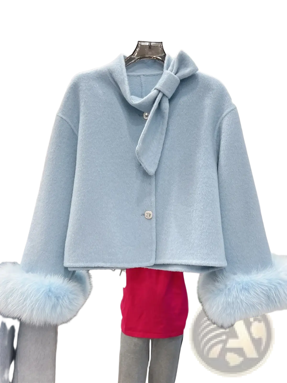 Light blue wool cropped coat with fluffy fur cuffs and matching bow at the neckline