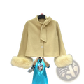 Beige wool fur cuff bow cropped coat featuring fluffy fur cuffs and a matching bow at the collar