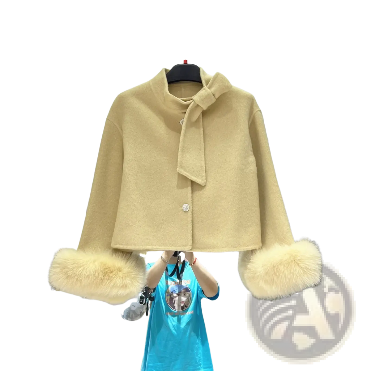Beige wool fur cuff bow cropped coat featuring fluffy fur cuffs and a matching bow at the collar