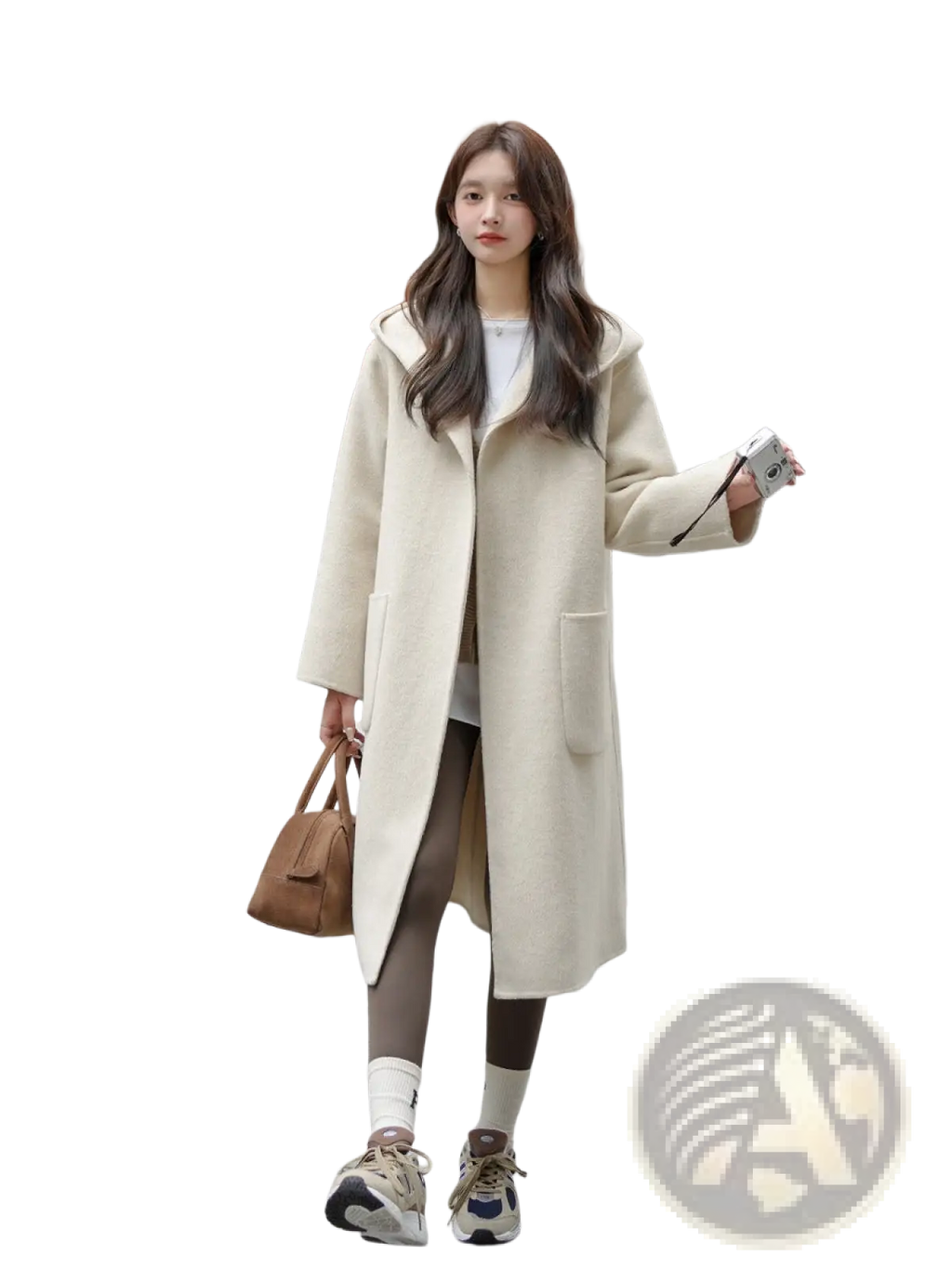 Cream-colored mid-length wool hooded coat with front pockets designed for winter outerwear use
