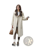 Cream-colored mid-length wool hooded coat with front pockets designed for winter outerwear use