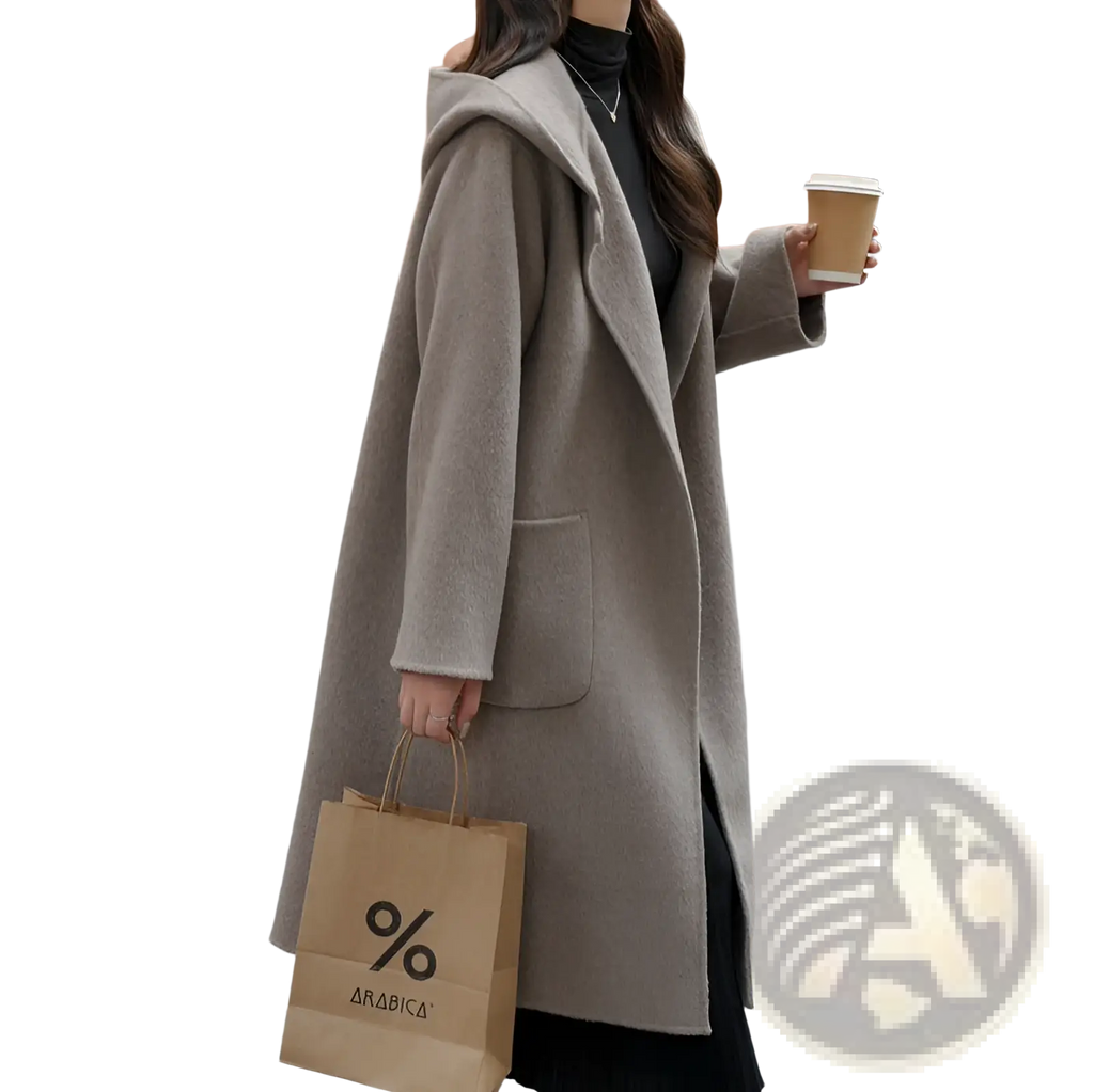 Beige wool hooded coat mid length with a soft textured finish and classic front pockets for winter outerwear