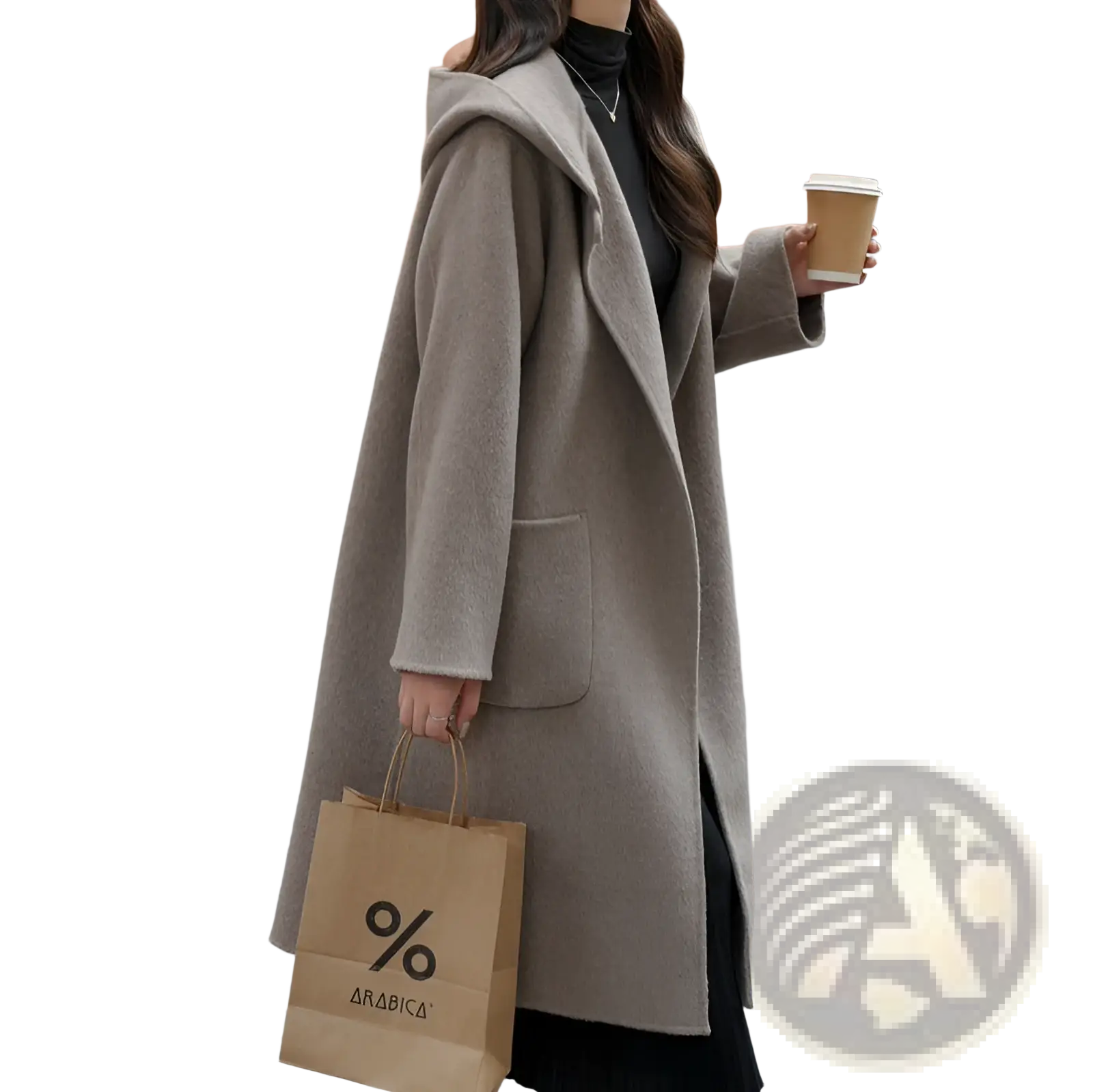 Beige wool hooded coat mid length with a soft textured finish and classic front pockets for winter outerwear