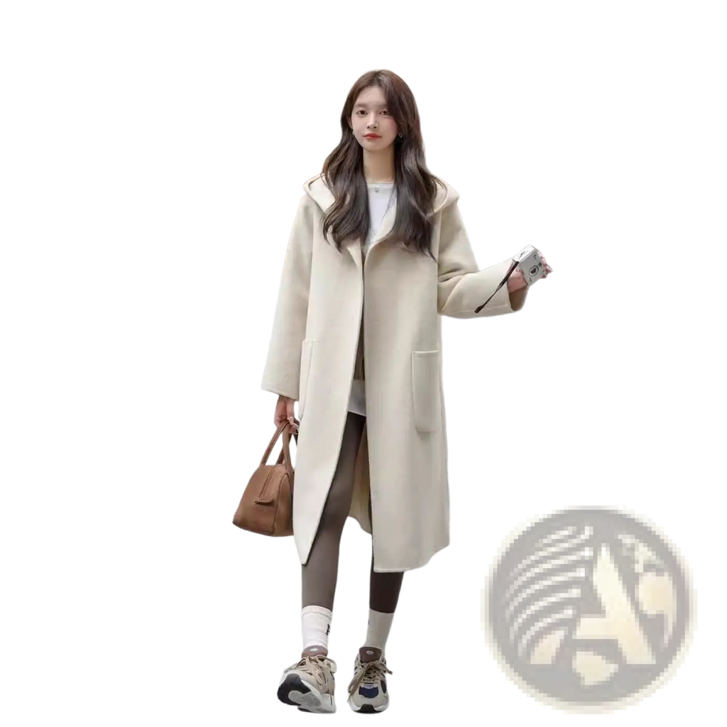 Beige wool hooded coat mid length winter outerwear with front pockets made of woolen material