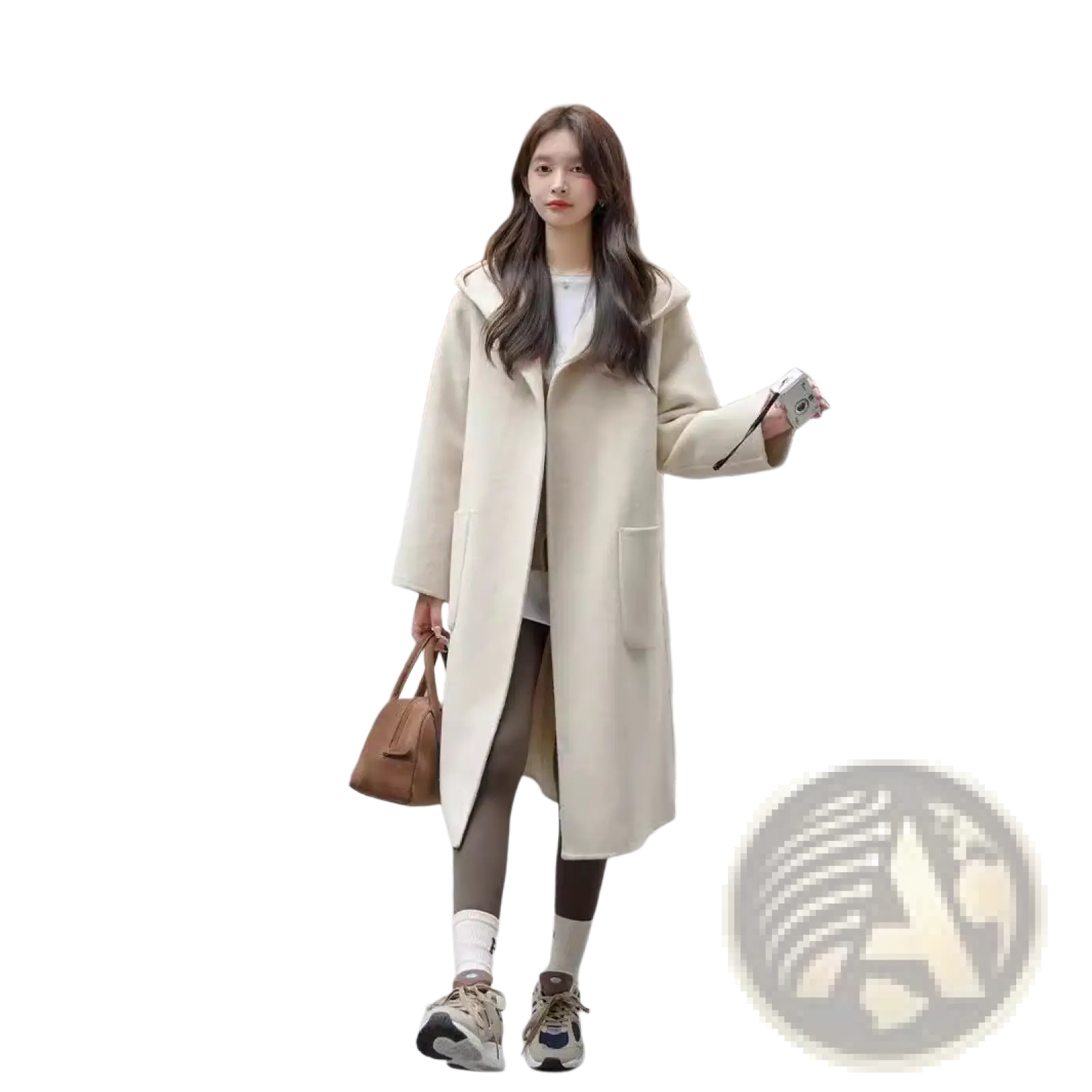Beige wool hooded coat mid length winter outerwear with front pockets made of woolen material