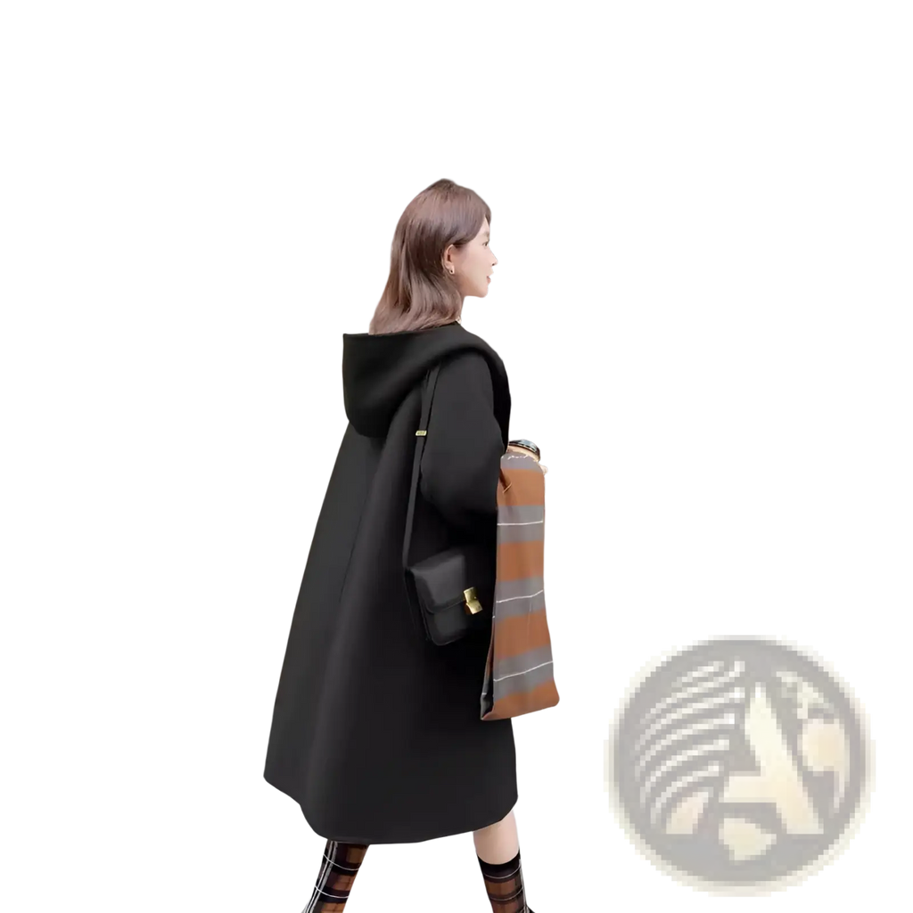 Black wool hooded coat mid length with sleek modern design and soft fabric texture for winter outerwear