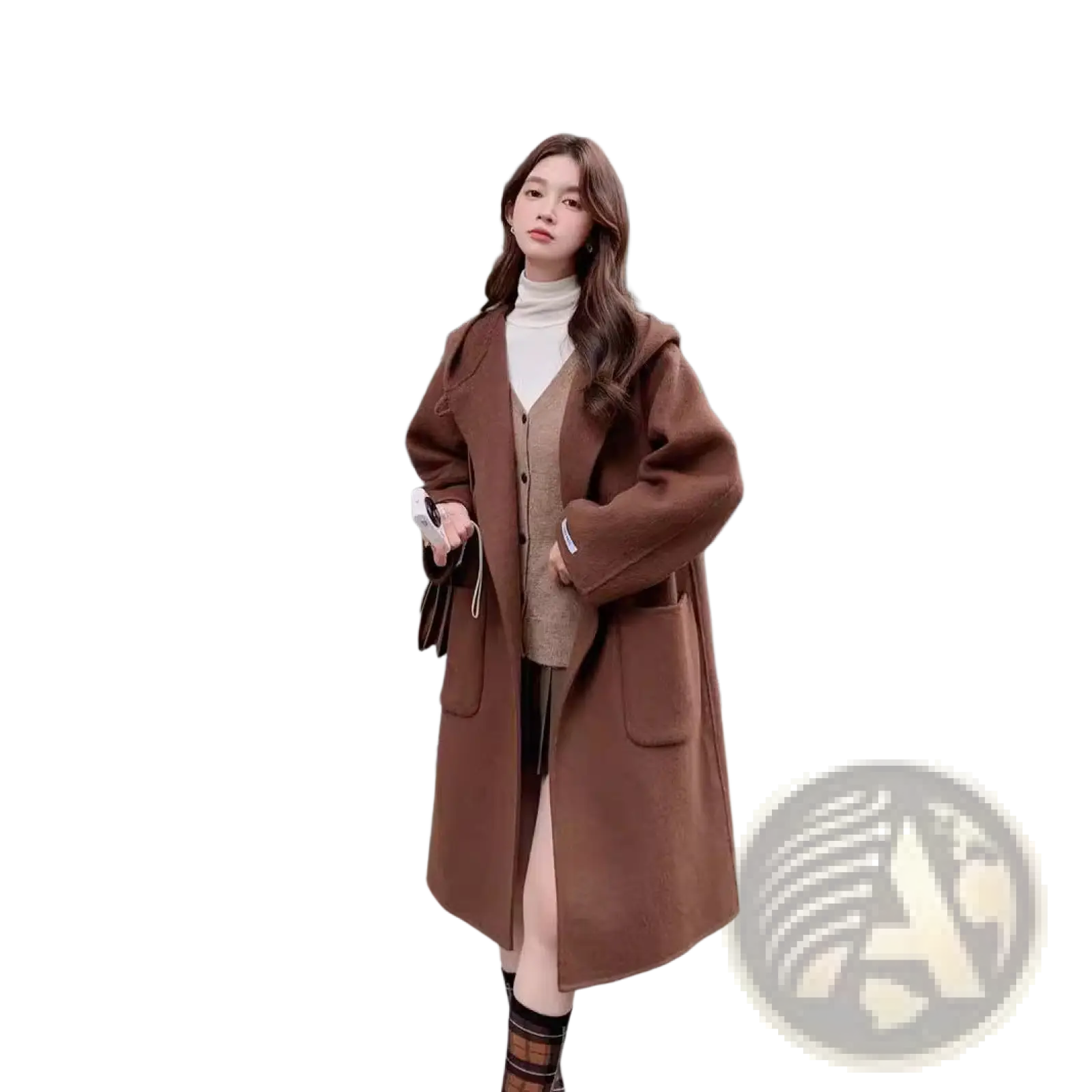 Brown woolen hooded coat with front pockets mid length winter outerwear for cold weather use